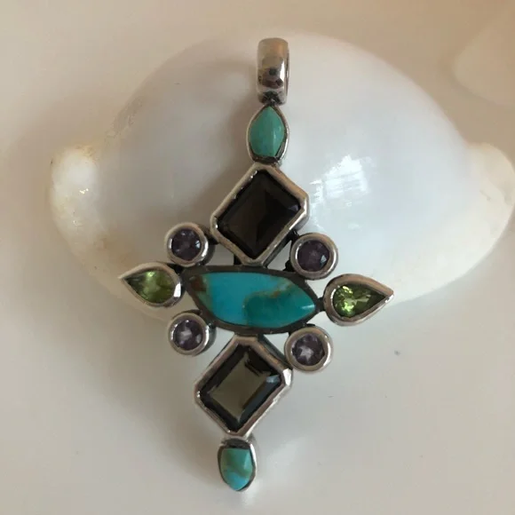 Turquoise Amethyst Peridot Topaz Sterling Silver Pendant - Picture 8 of 11